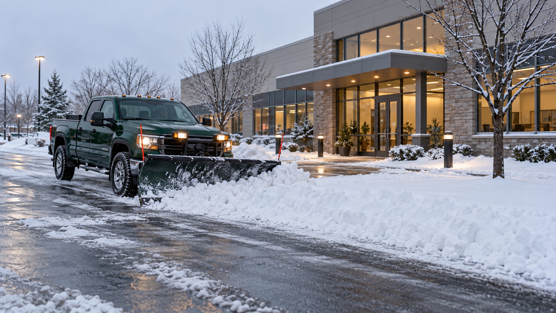 A commercial snowplow clearing fresh snow outside an office property